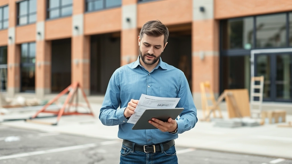Claims adjuster reviewing property damage documentation in field with tablet and professional assessment tools at commercial building site