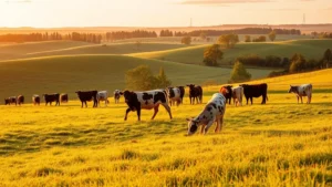 Minnesota farm landscape with grass-fed cattle grazing in rolling pastures during golden hour, high-quality professional photography, showcasing sustainable agricultural practices and regional food production