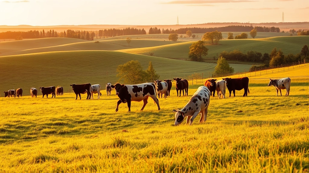 Minnesota farm landscape with grass-fed cattle grazing in rolling pastures during golden hour, high-quality professional photography, showcasing sustainable agricultural practices and regional food production