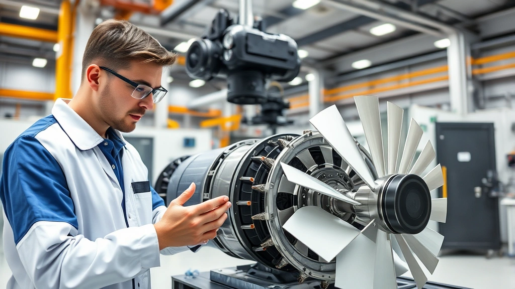 Professional engineer examining high-tech brushless DC motor components and aerodynamic fan blade assembly in modern manufacturing facility with precision testing equipment