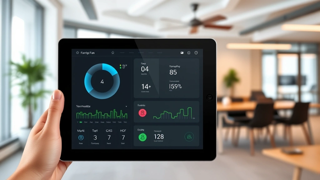 Smart home control interface displayed on tablet showing IoT-enabled fan monitoring dashboard with real-time temperature, humidity, and energy consumption data in commercial office setting
