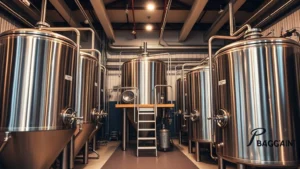 Professional craft brewery interior with stainless steel fermentation tanks, warm lighting, and modern brewing equipment in an industrial-style facility