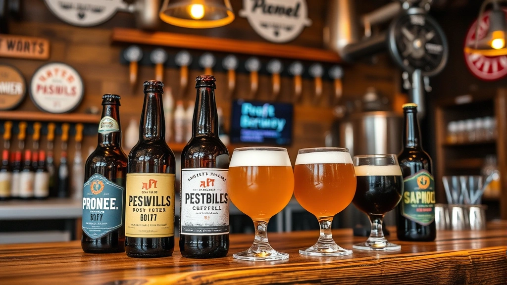 Premium beer bottles and glasses displayed on rustic wooden bar counter with craft brewery taproom ambiance and ambient lighting