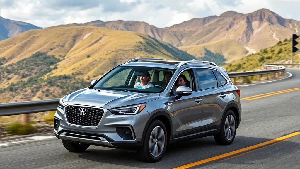 Family of four performing test drive in new SUV on scenic mountain road, vehicle navigating curves smoothly, natural landscape background, professional automotive photography style