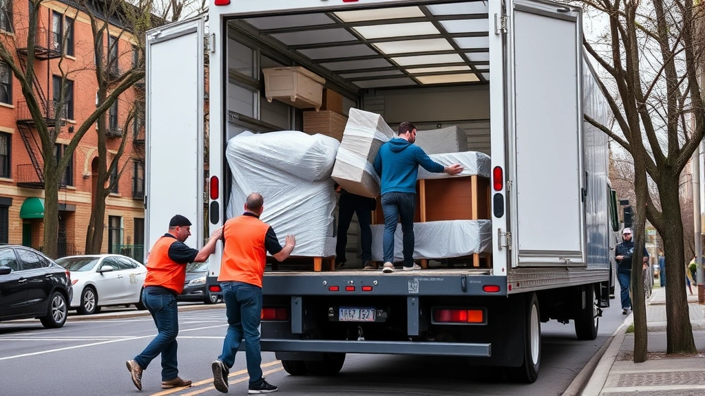 Professional moving crew carefully loading wrapped furniture into a modern moving truck in an urban Queens neighborhood street setting, daytime, showing coordination and expertise