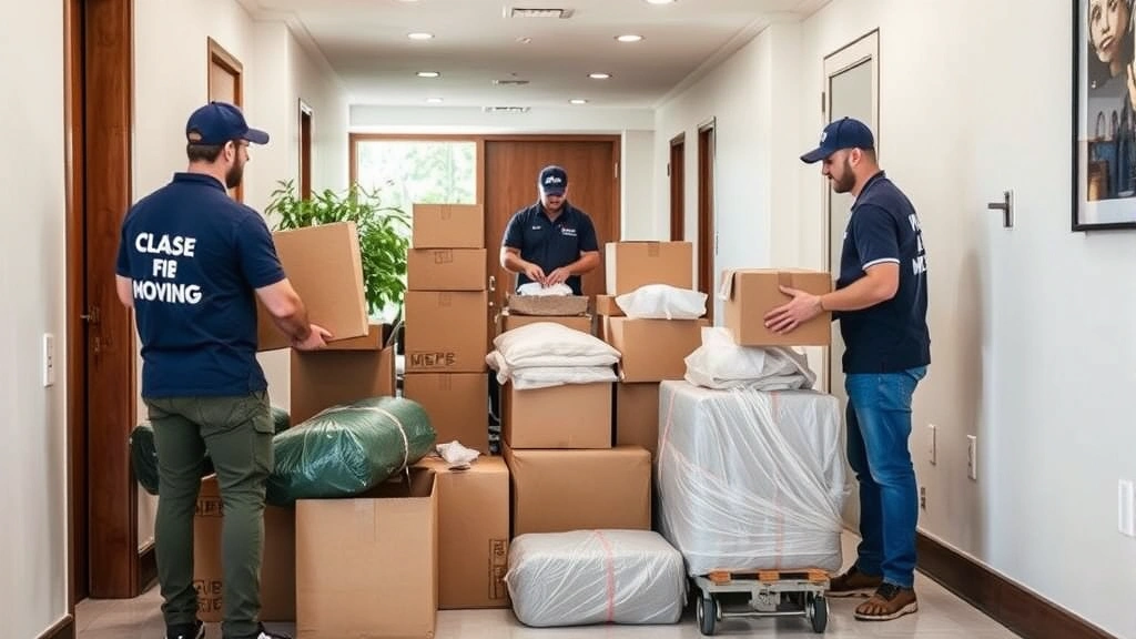 Moving company employees organizing packed cardboard boxes and wrapped items in a residential apartment building lobby, demonstrating organization and professional preparation