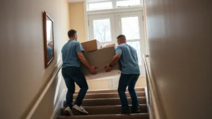 Professional moving crew carefully carrying furniture down residential apartment stairwell in Queens neighborhood, using protective equipment and moving straps, natural daylight from windows, showing expertise and care