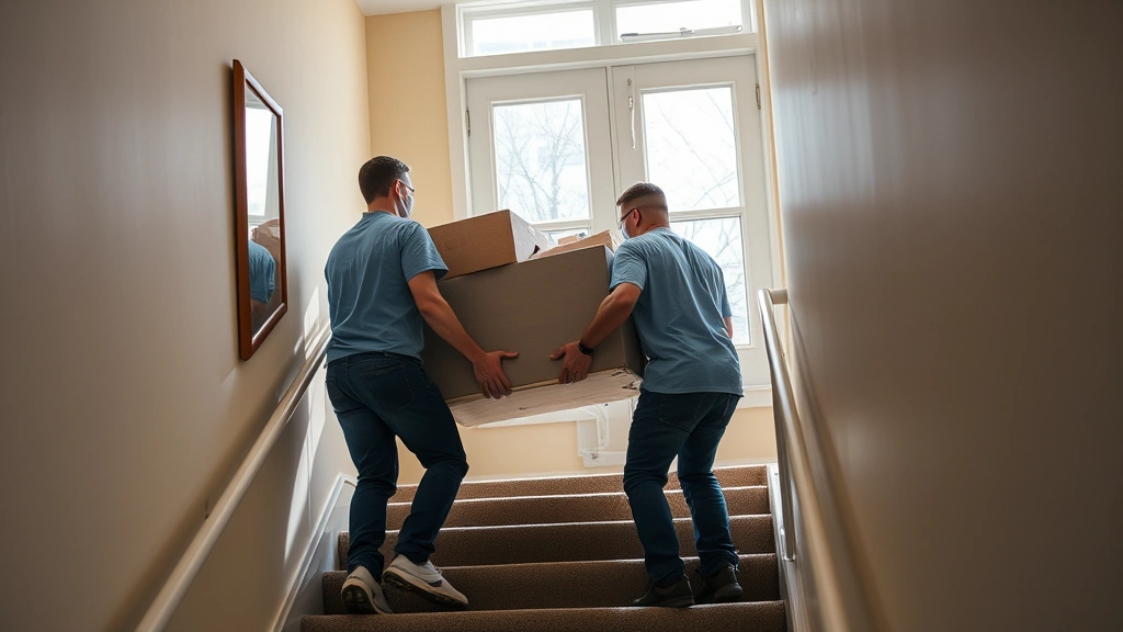 Professional moving crew carefully carrying furniture down residential apartment stairwell in Queens neighborhood, using protective equipment and moving straps, natural daylight from windows, showing expertise and care
