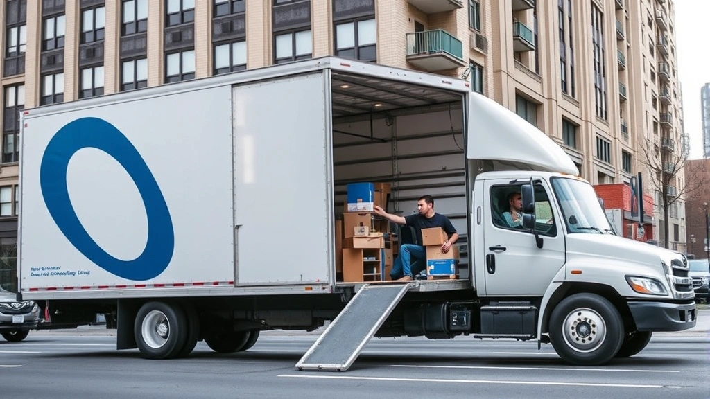 Modern moving truck parked on Queens street with professional movers loading household items, organized logistics operation, urban building background, representing reliable professional moving service