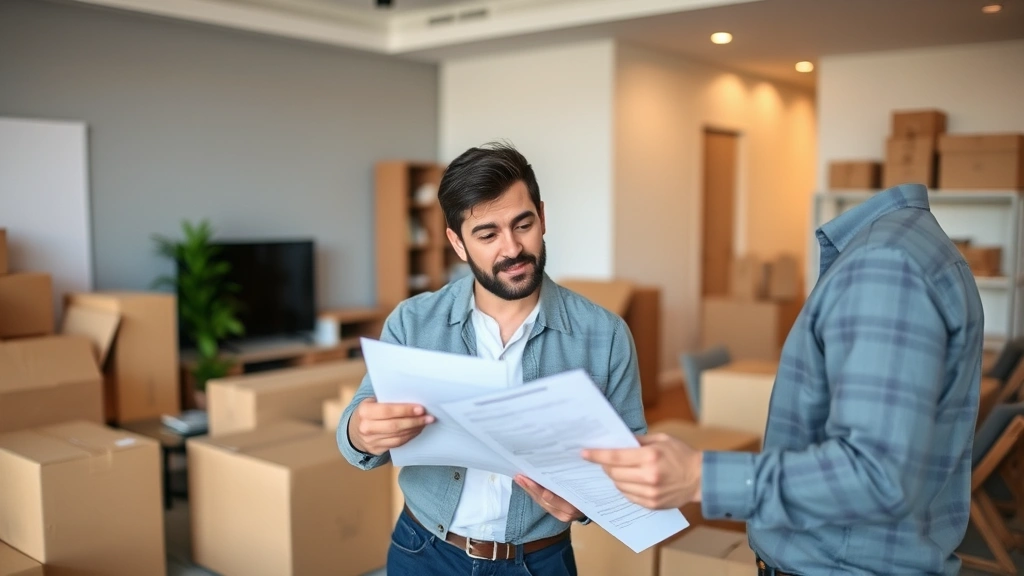 Moving company manager reviewing inventory checklist with customer in modern apartment, both examining packed boxes and furniture, professional business setting, demonstrating transparent communication and service coordination
