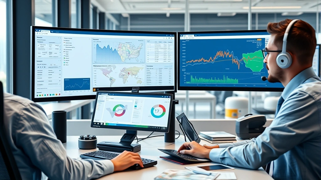 Professional moving company dispatcher managing fleet operations at modern office desk with computer screens showing vehicle tracking and compliance data, natural daylight from windows, corporate environment