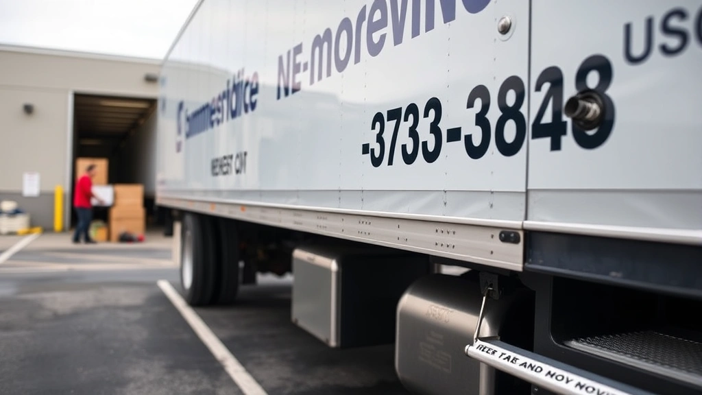 Close-up of commercial moving truck side panel displaying USDOT number and business information, professional branding, parked at loading dock with movers in background preparing household items