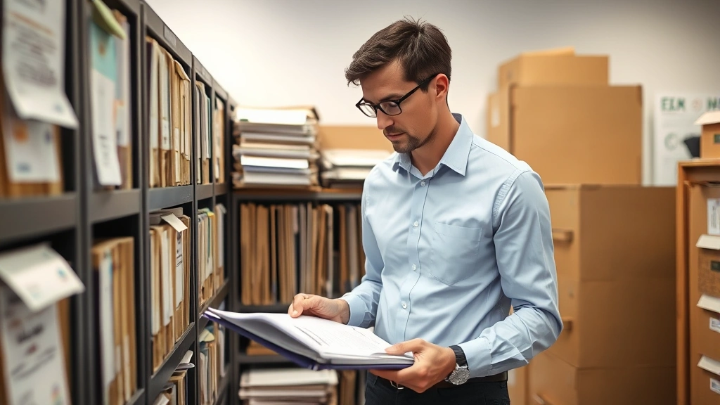 Compliance manager reviewing documentation and insurance certificates at organized filing system in moving company office, professional business attire, detailed records visible, focused expression