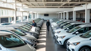 Modern car rental facility with rows of clean, well-maintained vehicles in organized lot, professional attendants in uniforms, bright daylight, contemporary parking structure, business environment