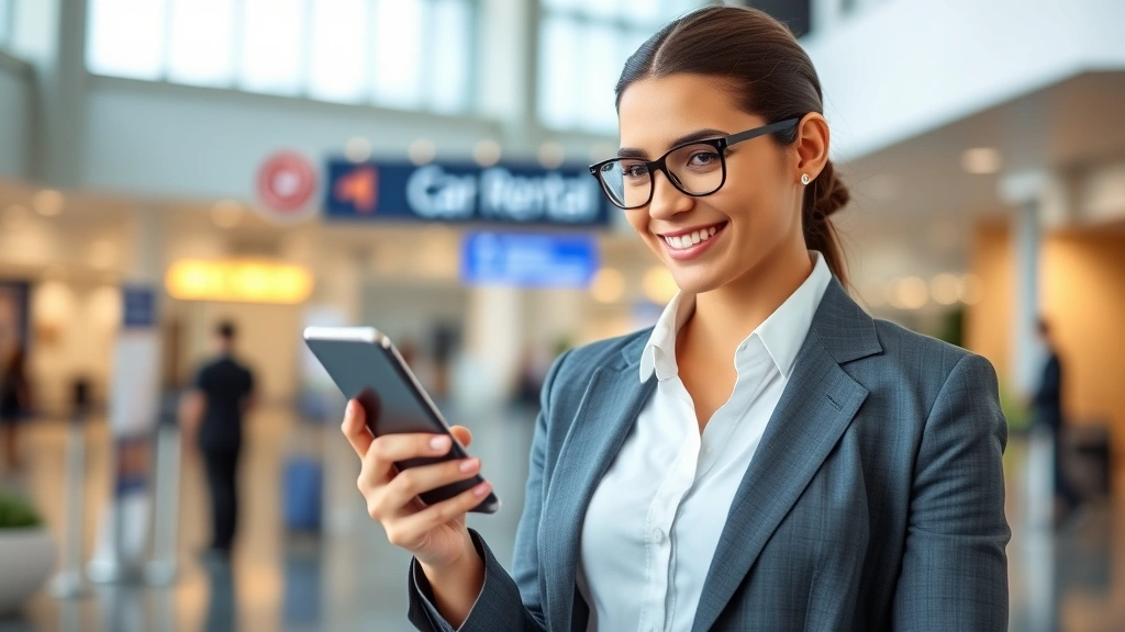 Business professional using smartphone to book car rental, modern airport or hotel lobby background, professional attire, digital interface visible on phone screen, confident customer service interaction