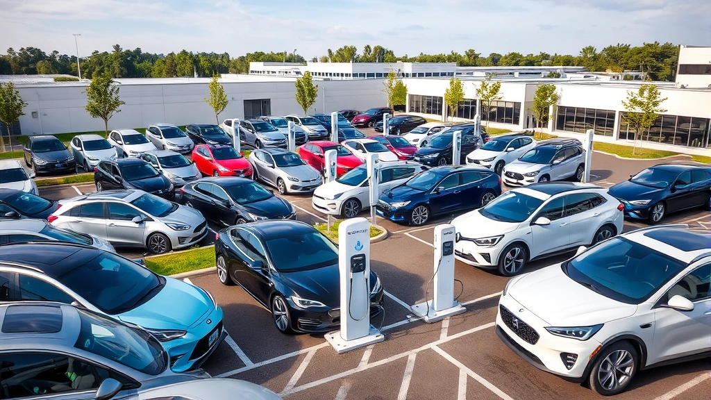 Diverse fleet of vehicles including electric cars and traditional models in rental lot, modern charging stations visible, sustainable business operations, environmental responsibility, professional corporate setting