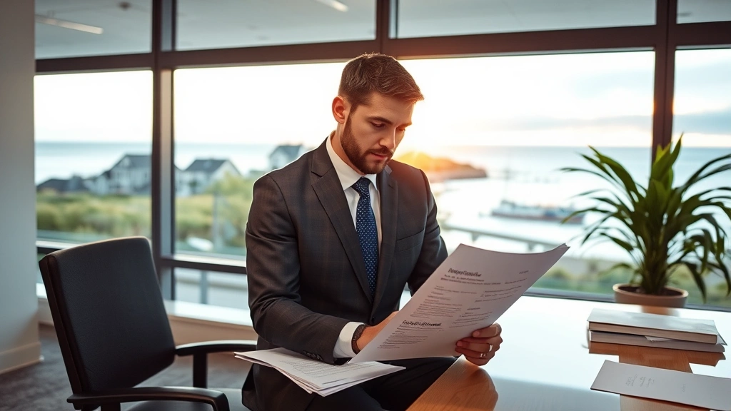 Professional insurance agent in modern office reviewing policy documents with Rhode Island coastal property background visible through window, warm lighting, corporate environment