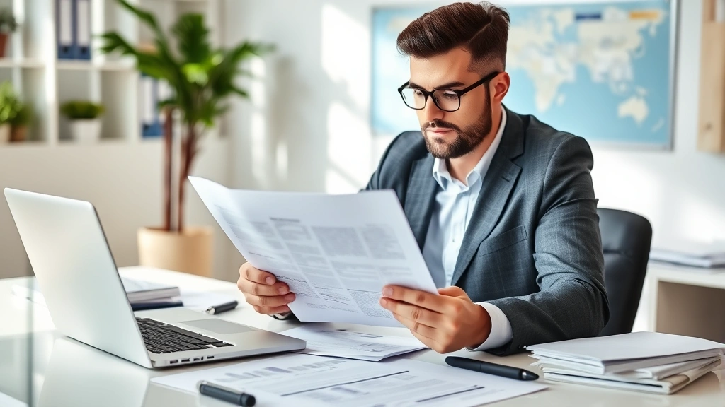Business owner reviewing insurance documents at desk with laptop and files, professional office setting showing risk management and coverage planning, natural daylight