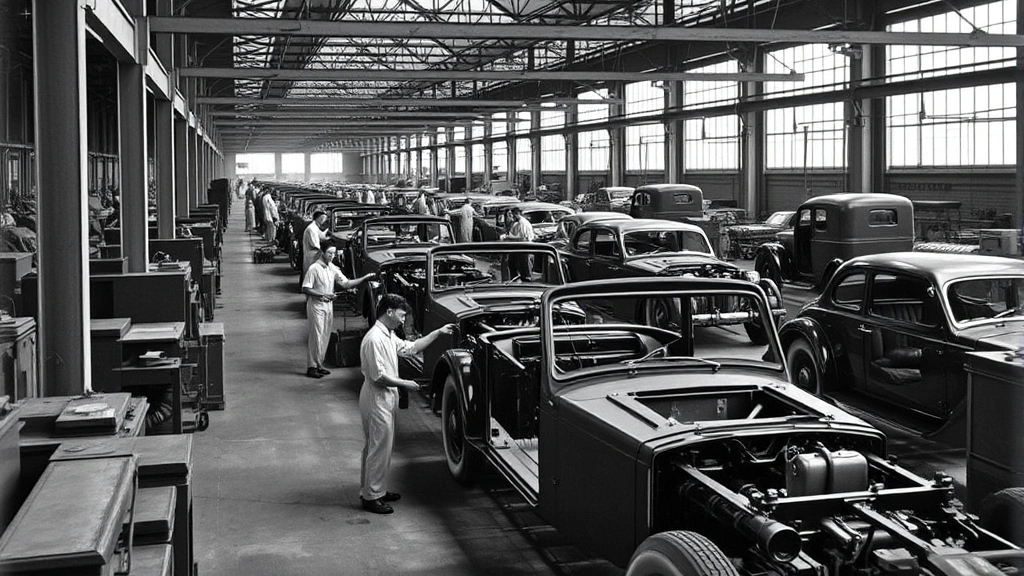 Historic Nash manufacturing facility interior from 1940s showing workers assembling automobile chassis on production line, industrial machinery and assembly process, professional documentation photography, period-accurate factory environment