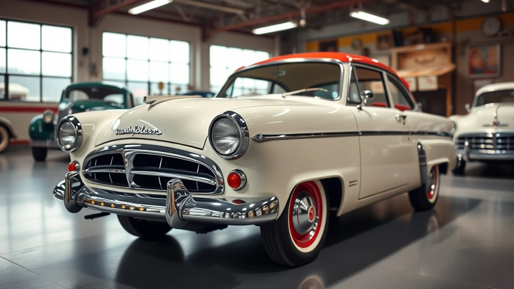 Restored Nash Rambler compact car from 1950s in showroom setting with period-appropriate background, bright interior lighting highlighting design details, automotive restoration photography, American automotive design showcase