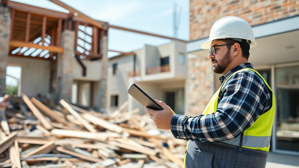 Claims adjuster with tablet inspecting commercial property damage from natural disaster, assessing structural integrity and documenting evidence, professional workwear, outdoor daylight setting
