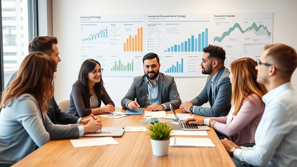 Diverse business team in conference room discussing insurance strategy and risk management solutions with wall charts showing financial performance metrics and coverage analysis