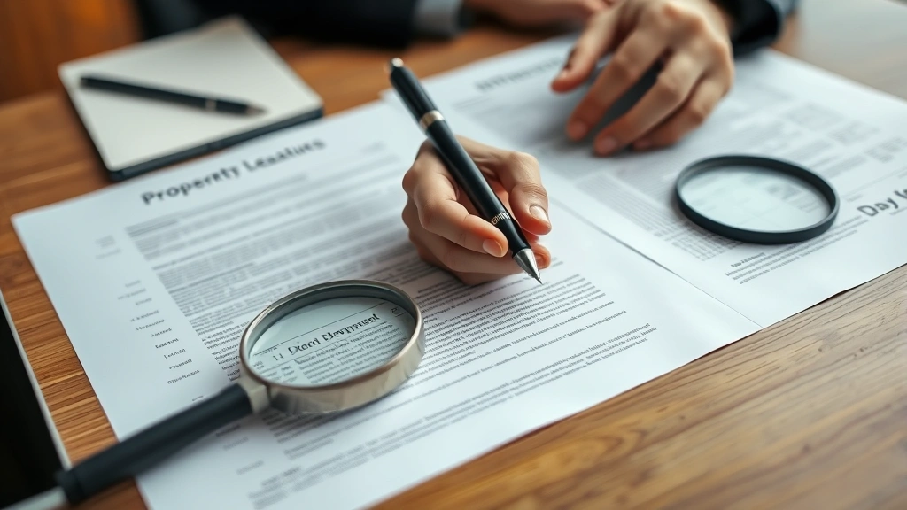 Close-up of hands reviewing property deed documents and title paperwork on wooden desk with pen and magnifying glass, detailed examination of legal real estate documents in professional office setting
