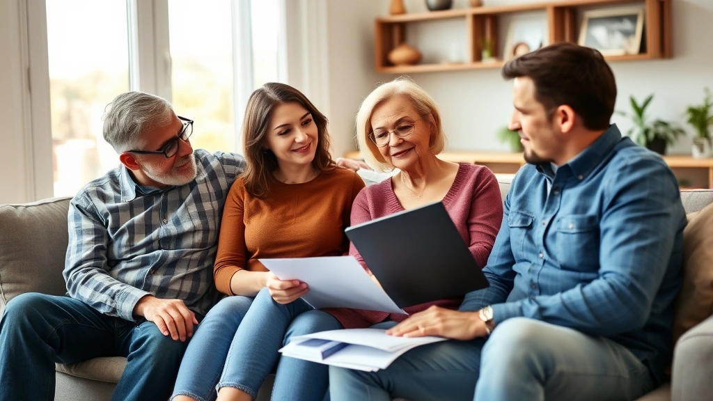 Diverse family group of four people having serious financial planning discussion at home, sitting on couch with documents and tablet, natural daylight, thoughtful expressions