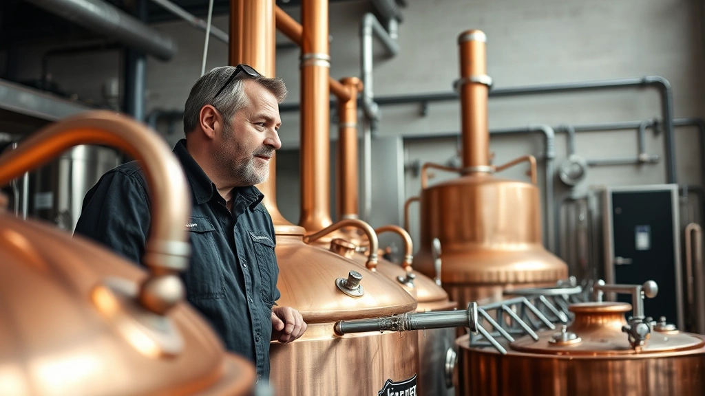 Craft brewery owner examining copper brewing kettles in modern facility, professional brewing equipment, natural lighting, focused expression