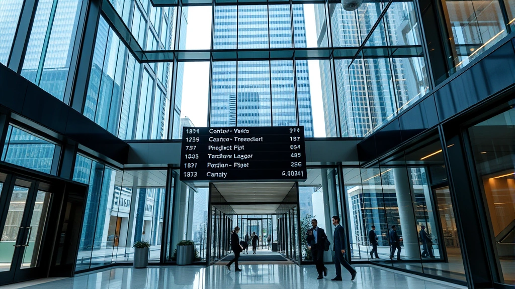Corporate office lobby in New York City skyscraper with glass and steel architecture, company directory signage visible, professional atmosphere, modern design, daytime lighting, business professionals in background