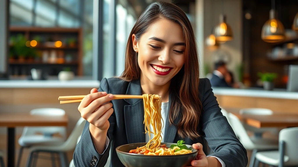 Professional business woman enjoying a delicious noodle bowl at a modern casual restaurant, smiling with satisfaction while dining, natural lighting, contemporary casual setting
