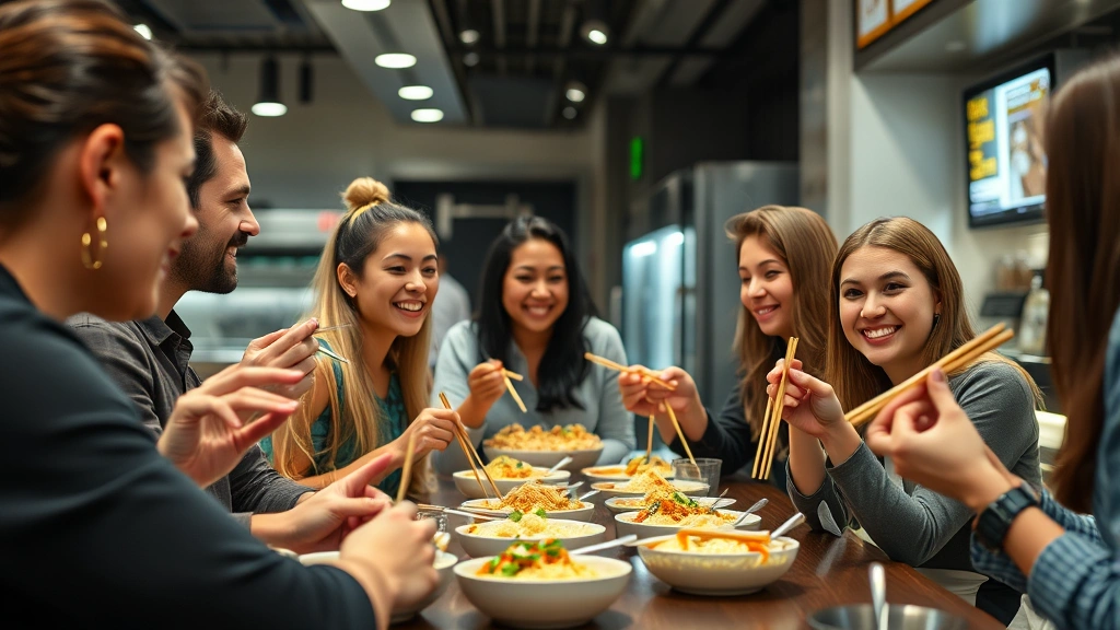 Close-up of diverse group of young professionals eating noodle dishes together at a sleek fast-casual restaurant counter, engaged conversation, vibrant casual atmosphere