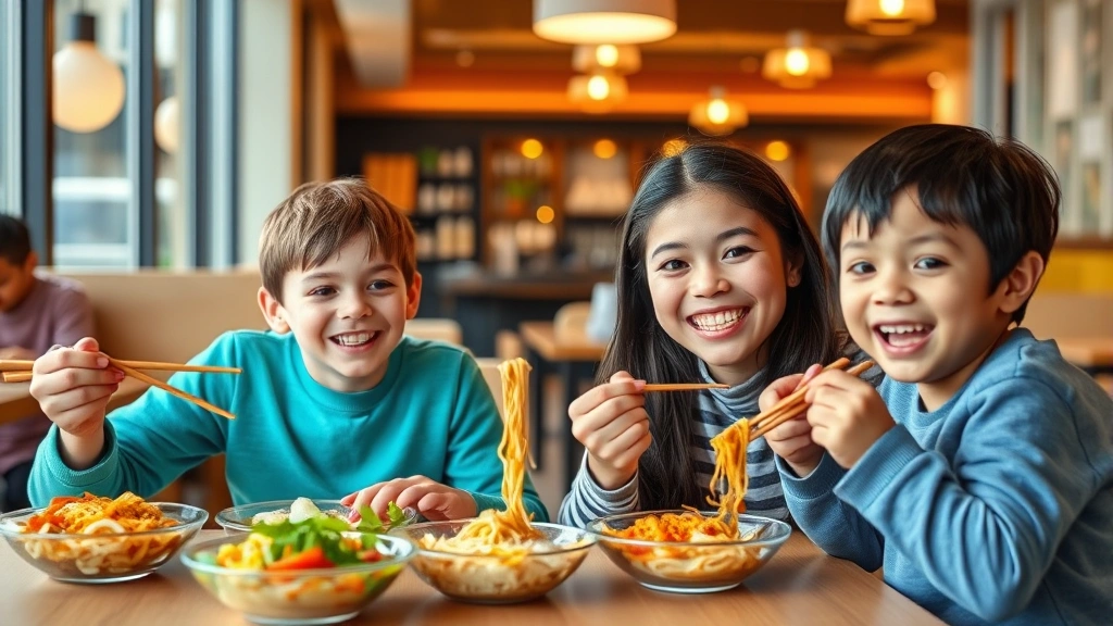 Happy family with children eating colorful noodle meals at a bright modern casual dining establishment, warm natural lighting, genuine enjoyment, contemporary restaurant interior