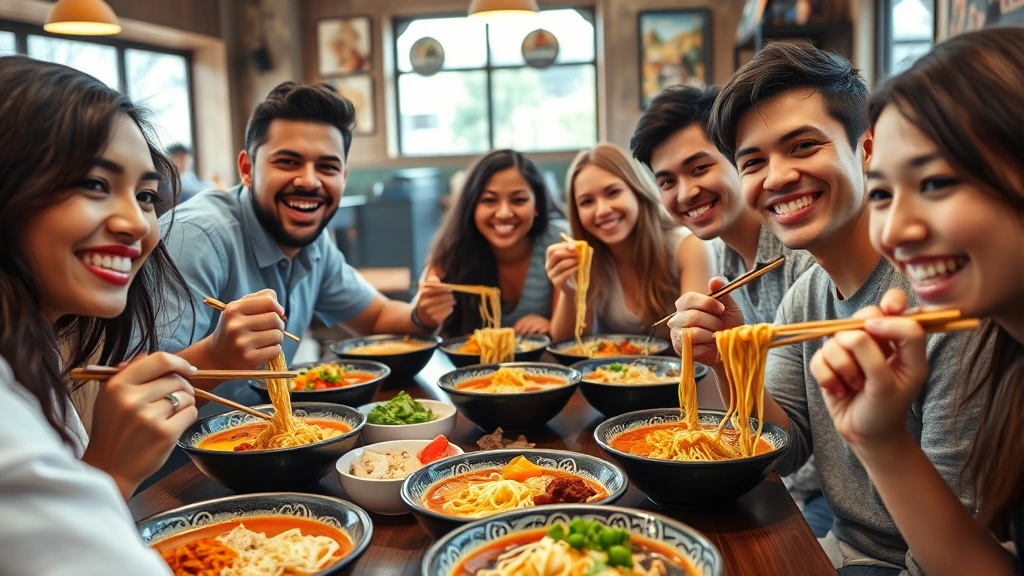 Close-up of diverse group of friends enjoying noodle bowls at casual restaurant table, colorful dishes visible, natural daylight from windows, candid happy expressions