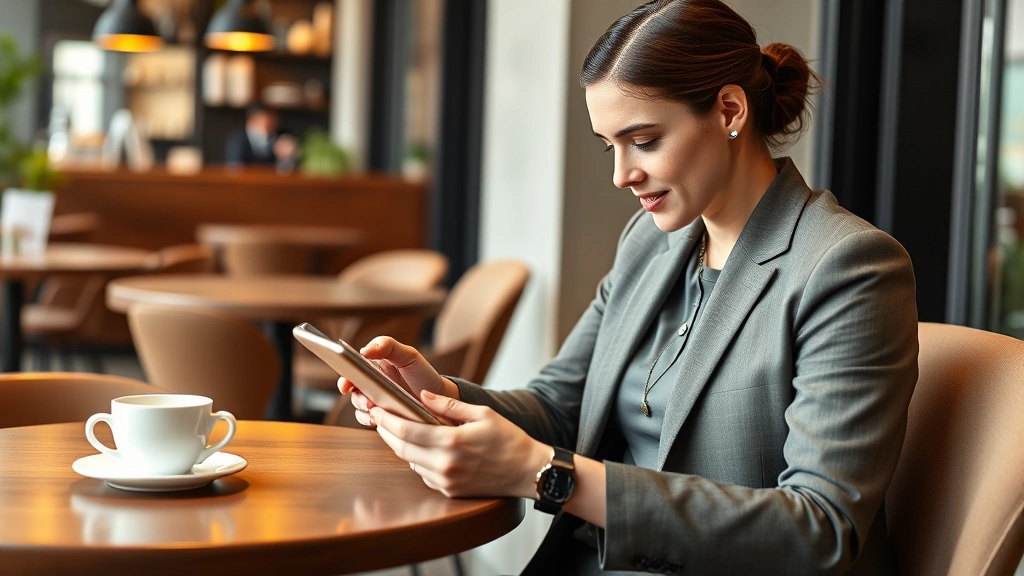 Business professional reviewing discount coupon codes on tablet device at modern cafe table with coffee cup, focused expression, contemporary interior setting