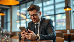 Professional business person using smartphone mobile app while sitting at casual restaurant table, warm lighting, focused expression, modern casual dining environment