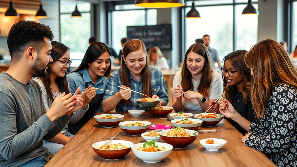 Diverse group of young professionals enjoying noodle bowls at contemporary fast-casual restaurant, collaborative lunch setting, natural daylight from windows