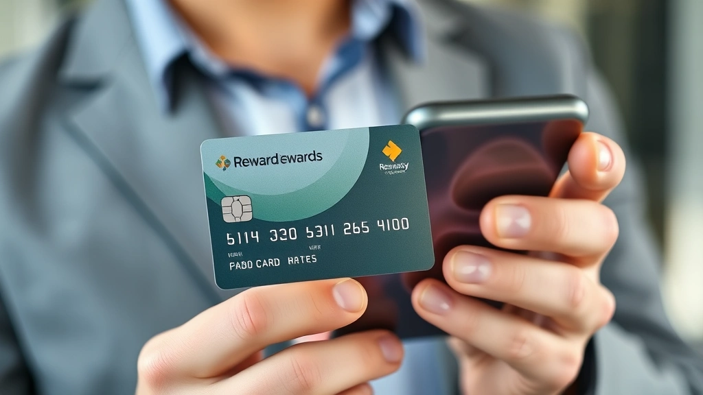 Close-up of loyalty rewards program card and smartphone showing discount offer, professional business casual aesthetic, credit card style rewards card