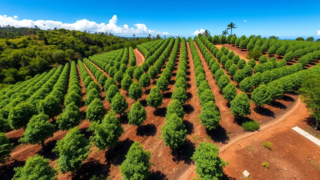 Aerial view of lush macadamia nut orchard on Hawaiian hillside with volcanic soil, mature trees in rows, clear blue sky, professional agricultural landscape photography