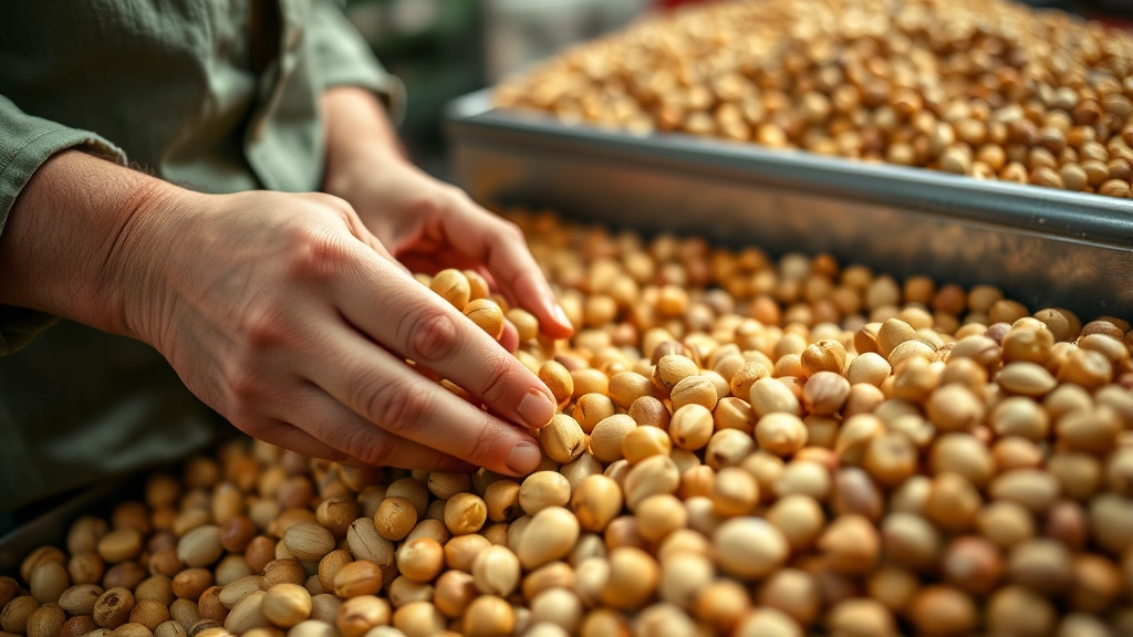 Close-up of worker's hands examining macadamia nuts at sorting station, quality control inspection, professional food processing facility, natural lighting highlighting nut details