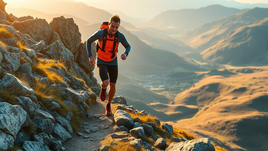 Professional trail runner in vibrant technical gear ascending rocky mountain path through Welsh moorland with dramatic valley views below, golden hour lighting, dynamic action shot