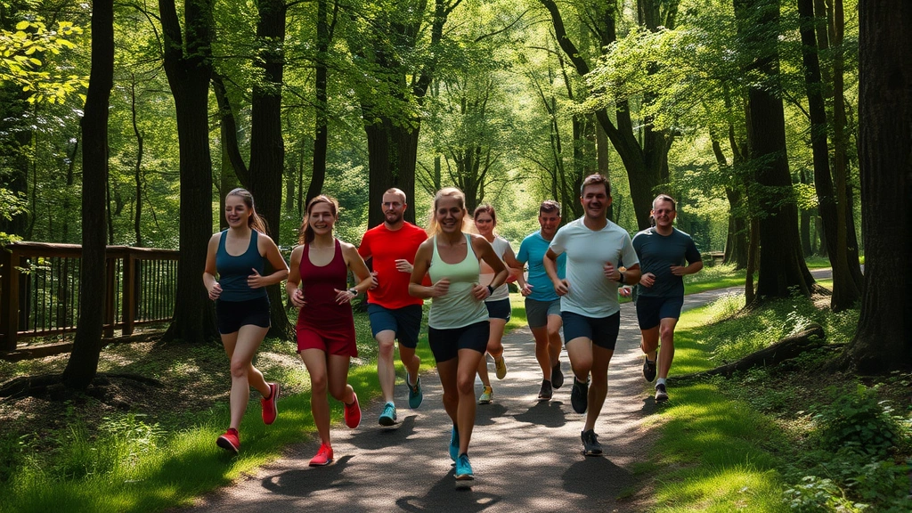 Diverse group of runners jogging together on well-maintained woodland trail through ancient forest, dappled sunlight filtering through canopy, genuine camaraderie and fitness focus