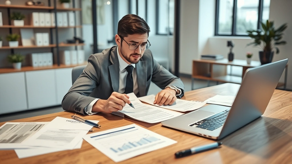 Professional insurance agent reviewing commercial policy documents at modern office desk with laptop and client consultation materials visible