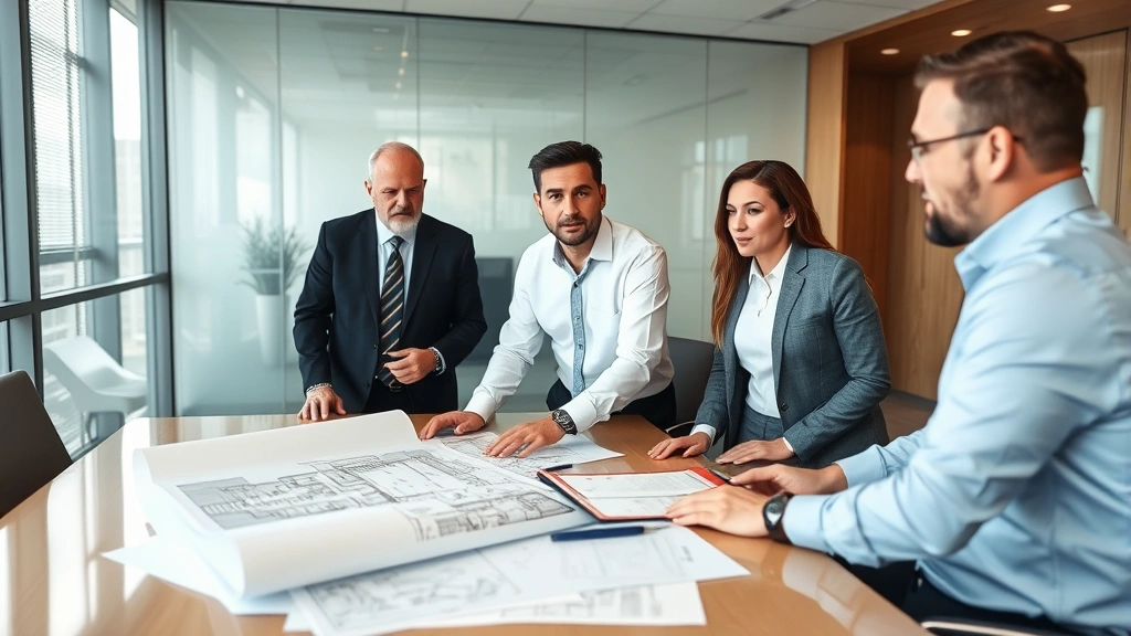 Team of insurance underwriters in conference room discussing specialized coverage options with architectural blueprints and business documents on table