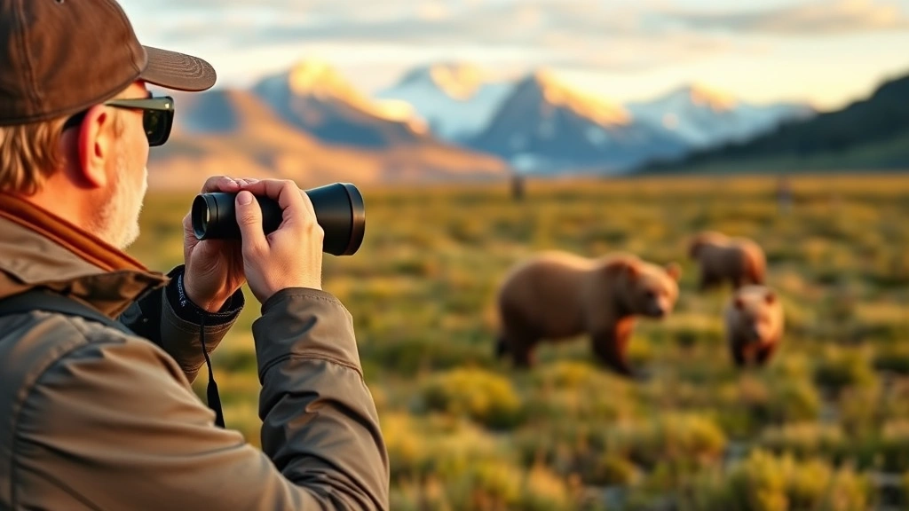 Professional guide with binoculars observing grizzly bears in pristine Alaskan wilderness landscape, mountains in background, golden hour lighting, authentic expedition setting