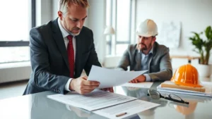 Professional insurance agent in business suit reviewing construction site insurance policy with contractor at desk, modern office environment, natural lighting, detailed documents visible