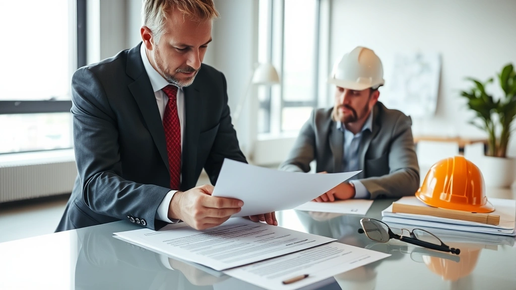 Professional insurance agent in business suit reviewing construction site insurance policy with contractor at desk, modern office environment, natural lighting, detailed documents visible