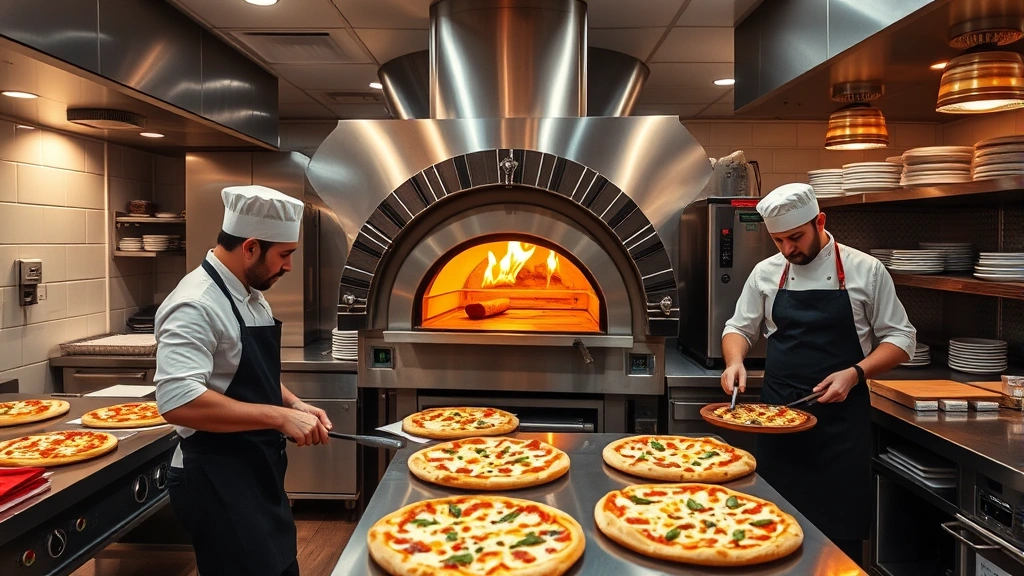 Professional commercial pizza kitchen with wood-fired oven, staff in chef uniforms preparing fresh pizzas, stainless steel counters, warm ambient lighting, active food service environment