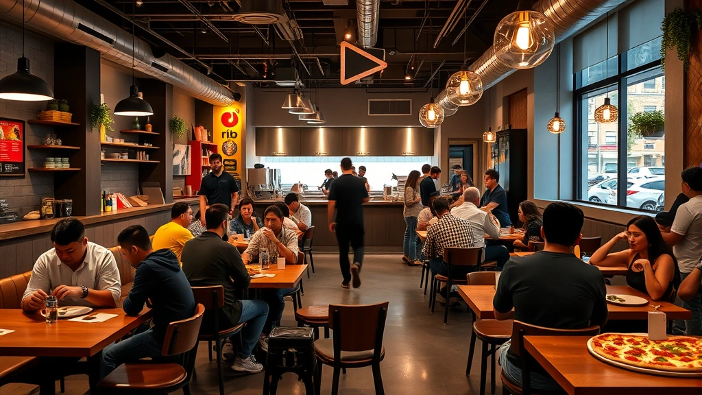 Modern pizza restaurant interior with casual dining setup, customers enjoying meals at wooden tables, contemporary decor, open kitchen visible, vibrant neighborhood atmosphere