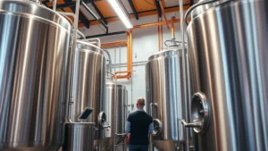 Professional brewery interior with stainless steel fermentation tanks, copper equipment, and warm lighting, brewmaster monitoring production equipment